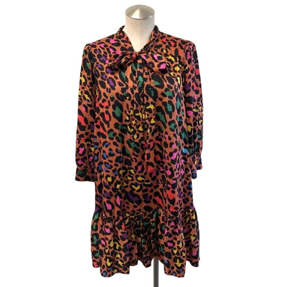 Fate Dress Womens Medium Multicolor Leopard Print Bow Ruffle Hem Eclectic Bold